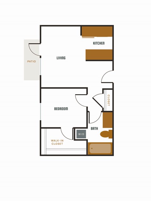 Floor plan for 1 bed, 1 bath, 670 sqft